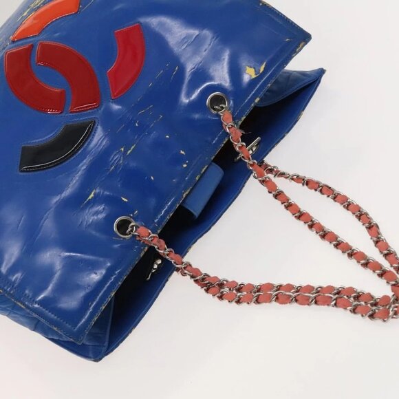 CHANEL Chain Tote Bag Patent leather Blue Silver CC - Picture 7 of 16